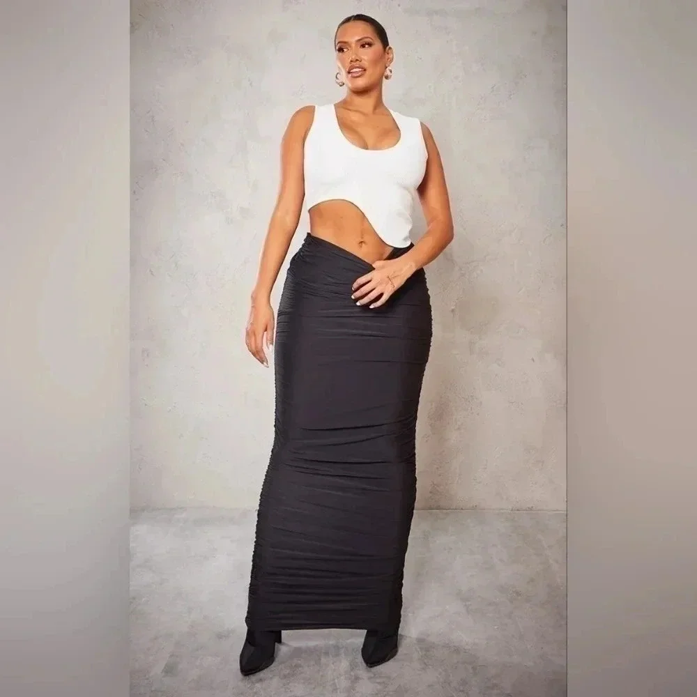 Moving Sale! 💘 PLT Shape Black Slinky Ruched Maxi Bodycon Skirt - Picture 1 of 8